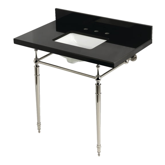 Kingston Brass KVPK3622K8SQ6 Edwardian 36" Black Granite Console Sink with Brass Legs (8-Inch, 3-Hole), Black Granite/Polished Nickel