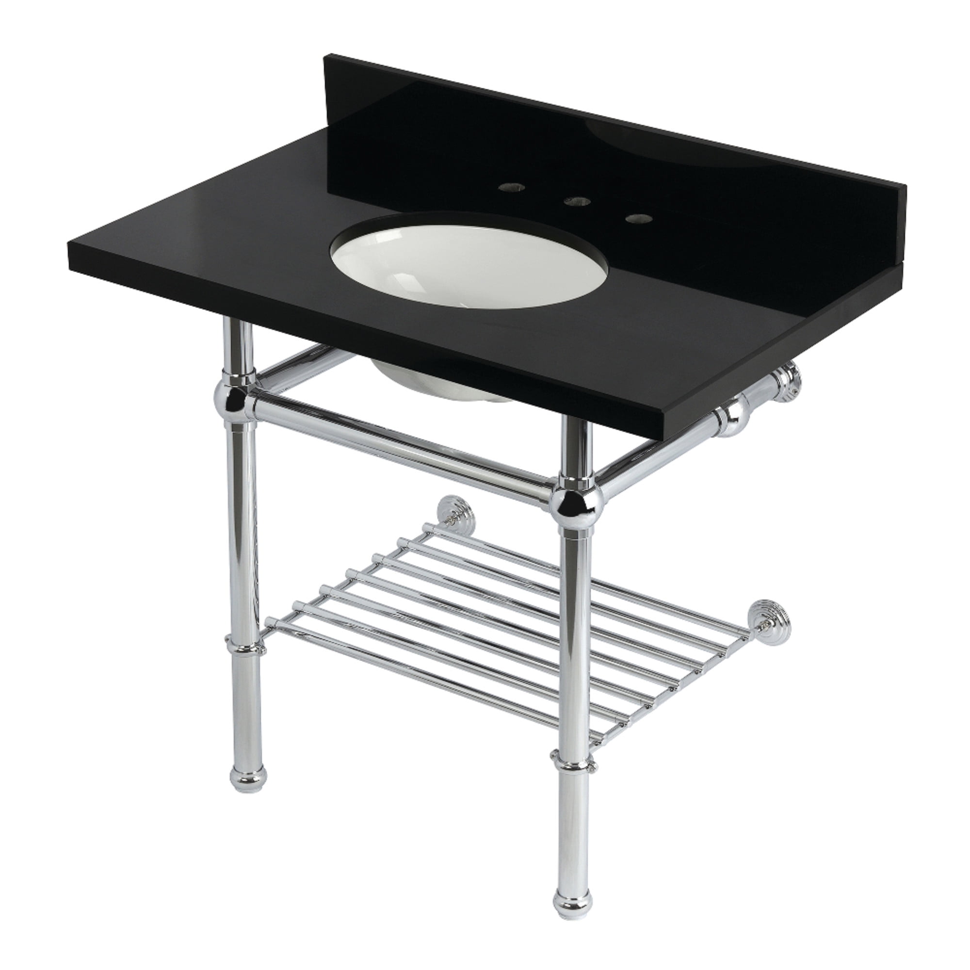 Kingston Brass KVPK3630KBB1 Templeton 36" Black Granite Console Sink with Brass Legs and Shelf (8-Inch, 3-Hole), Black Granite/Polished Chrome