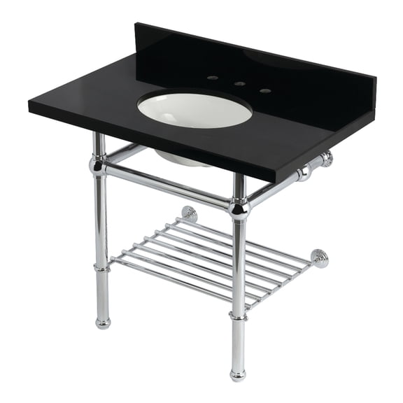 Kingston Brass KVPK3630KBB1 Templeton 36" Black Granite Console Sink with Brass Legs and Shelf (8-Inch, 3-Hole), Black Granite/Polished Chrome