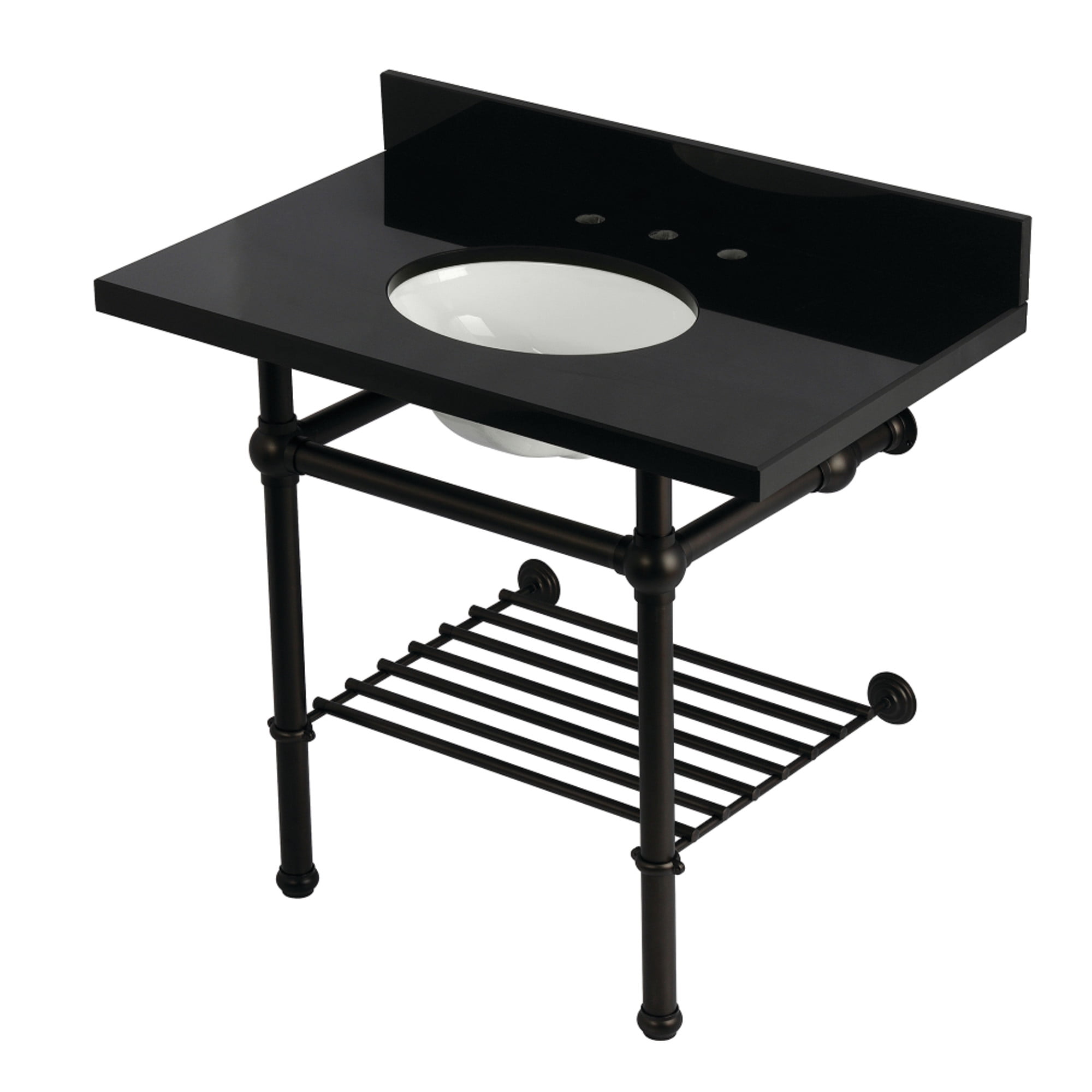 Kingston Brass KVPK3630KBB5 Templeton 36" Black Granite Console Sink with Brass Legs and Shelf (8-Inch, 3-Hole), Black Granite/Oil Rubbed Bronze