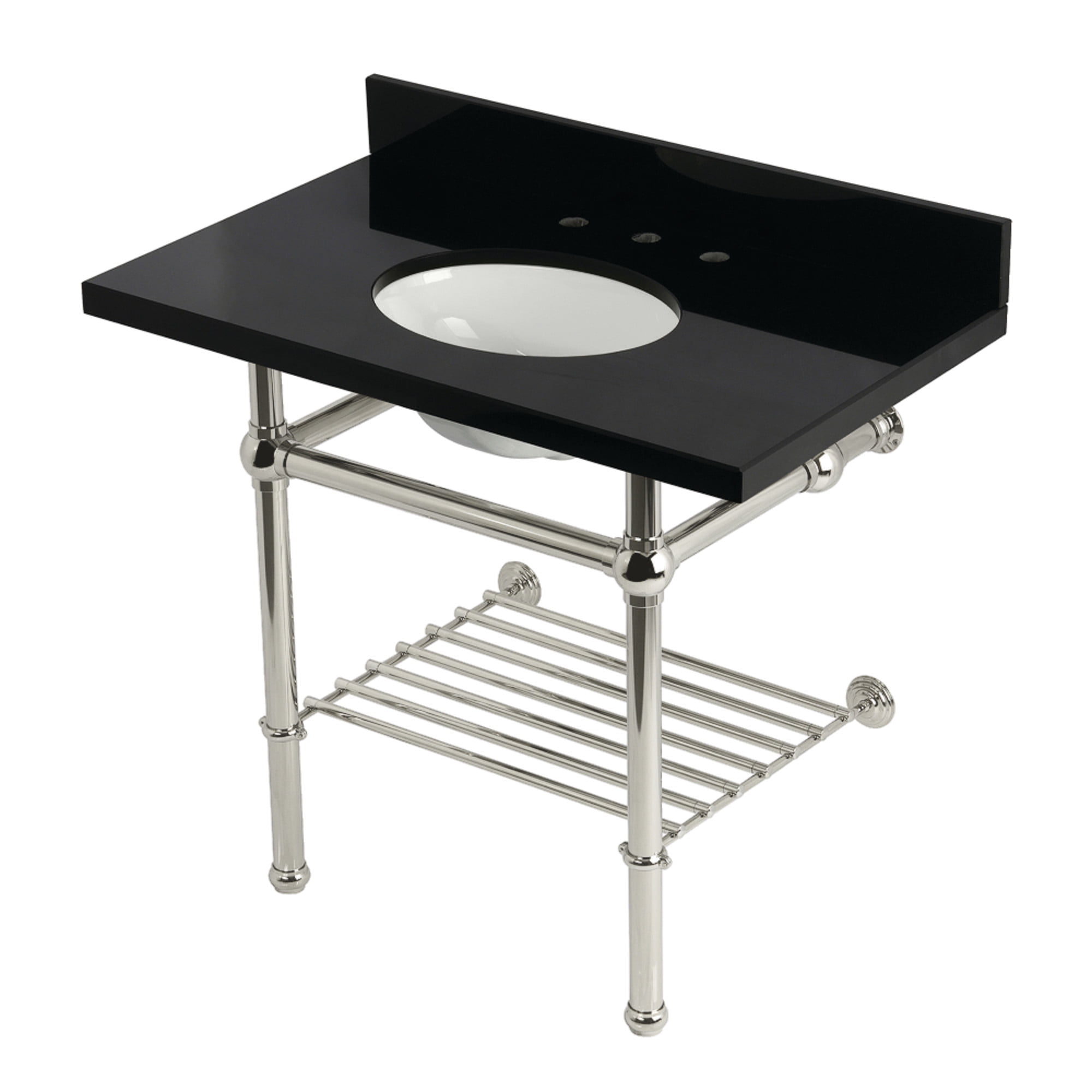 Kingston Brass KVPK3630KBB6 Templeton 36" Black Granite Console Sink with Brass Legs and Shelf (8-Inch, 3-Hole), Black Granite/Polished Nickel
