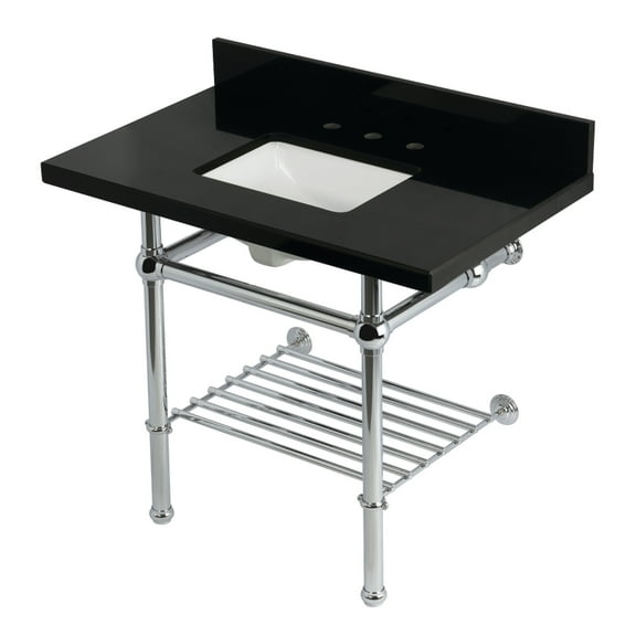 Kingston Brass KVPK3630KBSQB1 Templeton 36" Black Granite Console Sink with Brass Legs and Shelf (8-Inch, 3-Hole), Black Granite/Polished Chrome