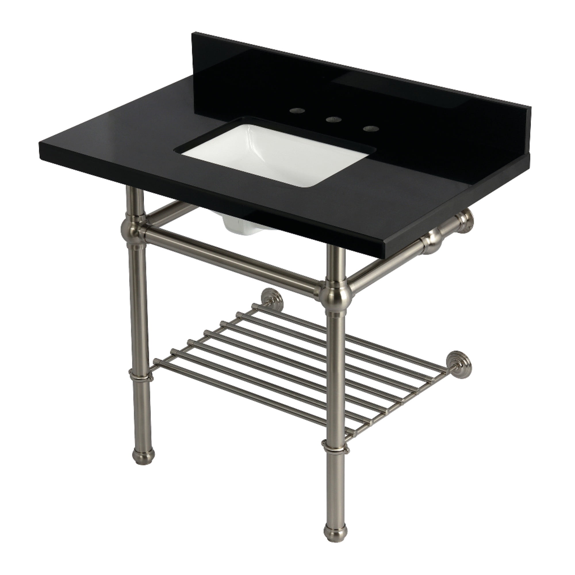 Kingston Brass KVPK3630KBSQB8 Templeton 36" Black Granite Console Sink with Brass Legs and Shelf (8-Inch, 3-Hole), Black Granite/Brushed Nickel