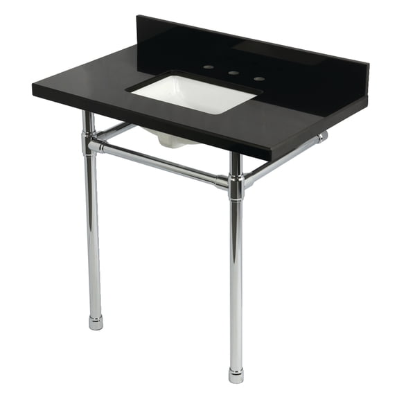 Kingston Brass KVPK36K8SQ1ST Dreyfuss 36" Black Granite Console Sink with Stainless Steel Legs (8-Inch, 3-Hole), Black Granite/Polished Chrome