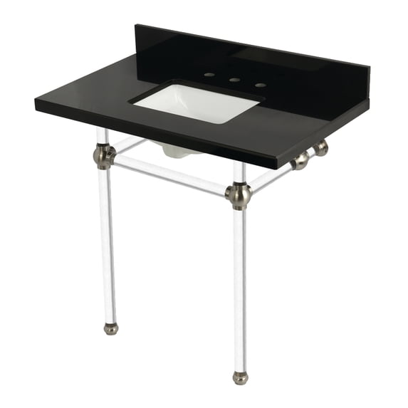 Kingston Brass KVPK36KASQ8 Templeton 36" Black Granite Console Sink with Acrylic Legs (8-Inch, 3-Hole), Black Granite/Brushed Nickel