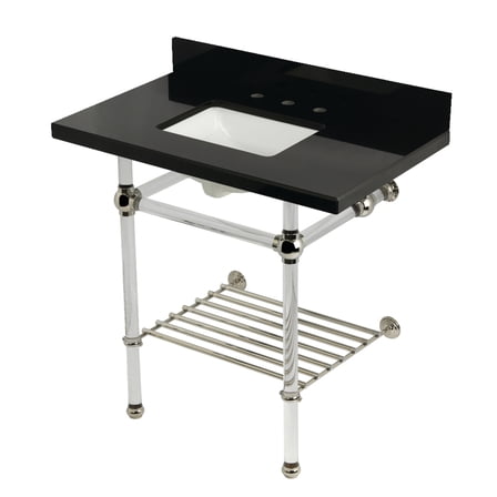 Kingston Brass KVPK36KASQB6 Templeton 36" Black Granite Console Sink with Acrylic Legs and Shelf (8-Inch, 3-Hole), Black Granite/Polished Nickel