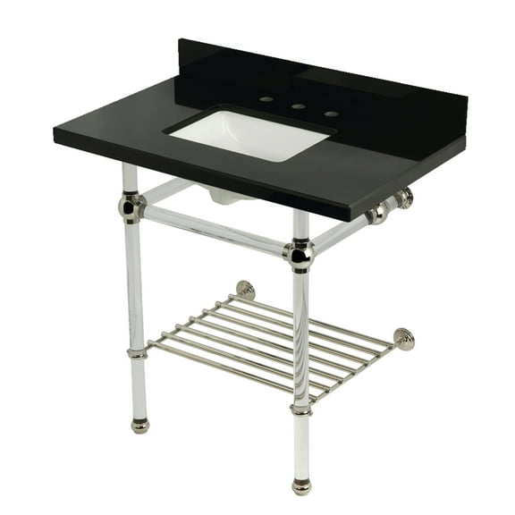 Kingston Brass KVPK36KASQB6 Templeton 36" Black Granite Console Sink with Acrylic Legs and Shelf (8-Inch, 3-Hole), Black Granite/Polished Nickel