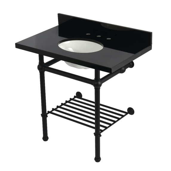Kingston Brass KVPK36KBB0 Templeton 36" Black Granite Console Sink with Brass Legs and Shelf (8-Inch, 3-Hole), Black Granite/Matte Black