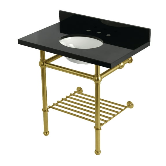 Kingston Brass KVPK36KBB7 Templeton 36" Black Granite Console Sink with Brass Legs and Shelf (8-Inch, 3-Hole), Black Granite/Brushed Brass
