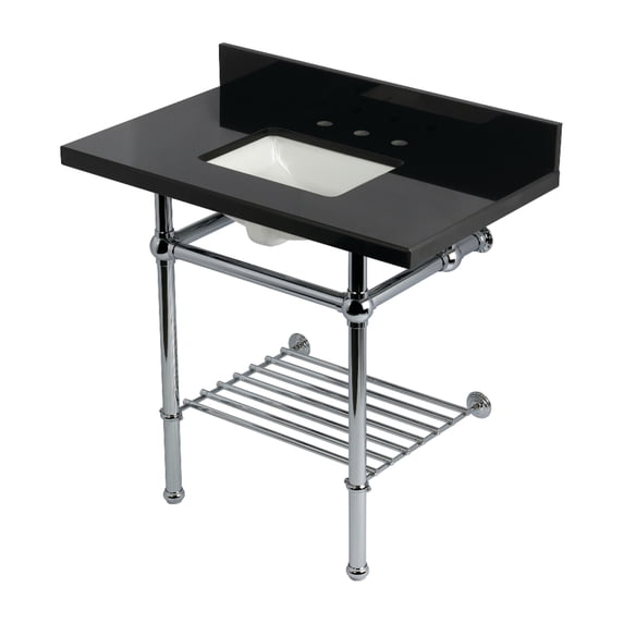 Kingston Brass KVPK36KBSQB1 Templeton 36" Black Granite Console Sink with Brass Legs and Shelf (8-Inch, 3-Hole), Black Granite/Polished Chrome