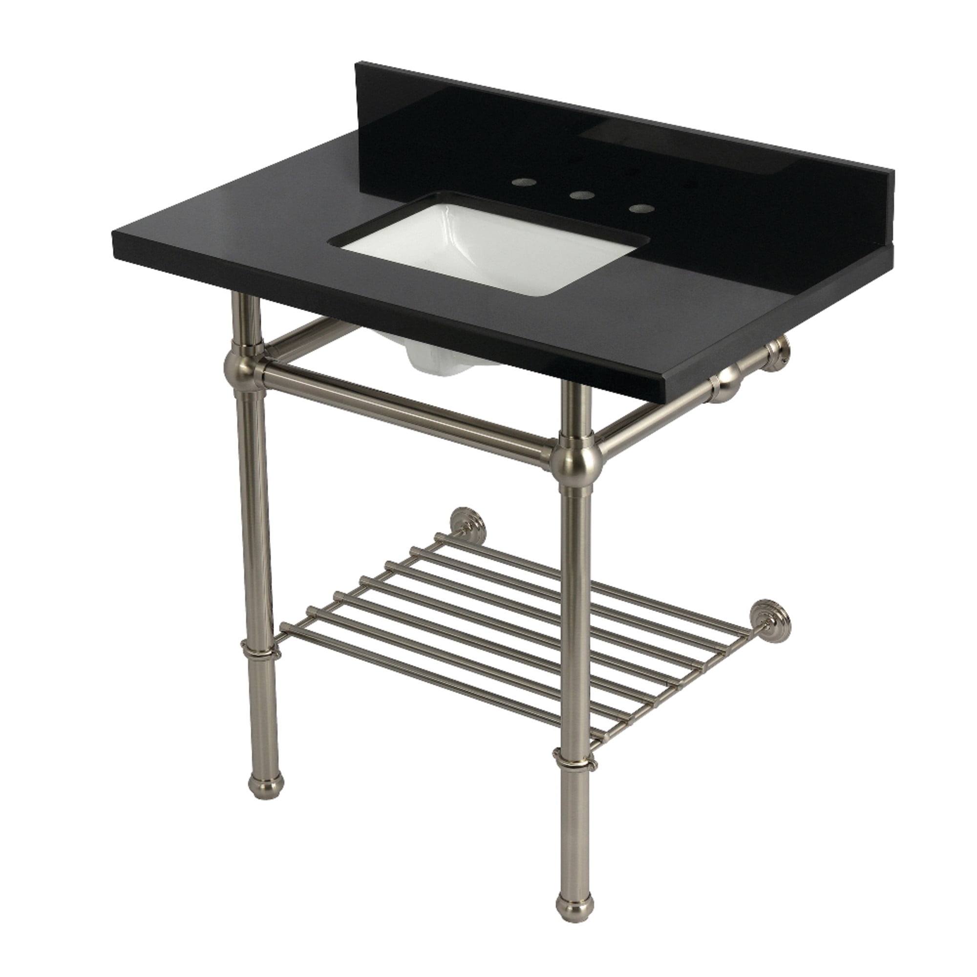 Kingston Brass KVPK36KBSQB8 Templeton 36" Black Granite Console Sink with Brass Legs and Shelf (8-Inch, 3-Hole), Black Granite/Brushed Nickel
