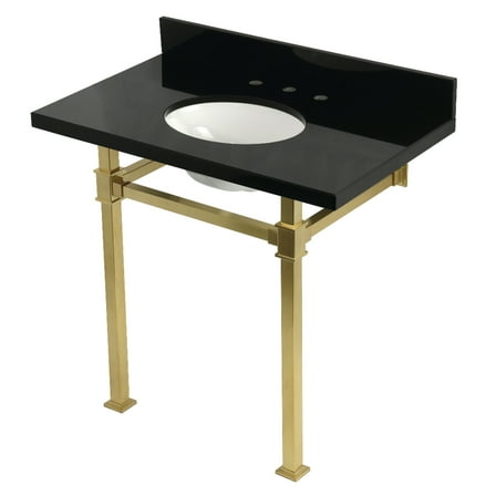 Kingston Brass KVPK36KOQ7 Monarch 36" Black Granite Console Sink with Stainless Steel Legs (8-Inch, 3-Hole), Black Granite/Brushed Brass