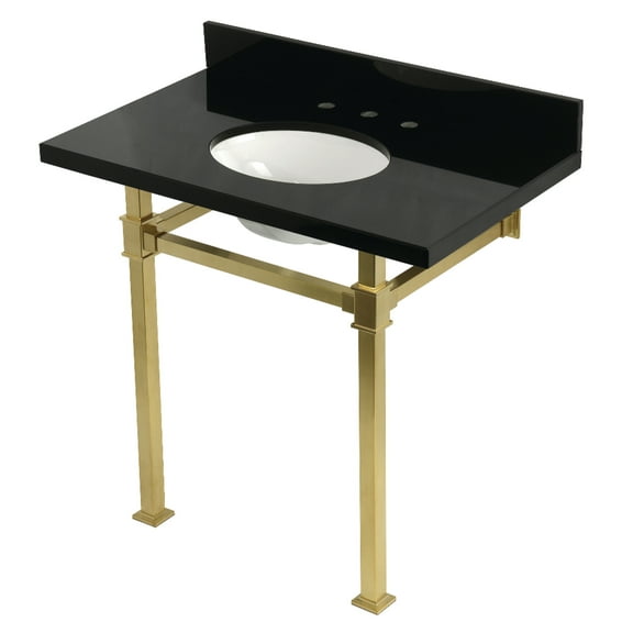 Kingston Brass KVPK36KOQ7 Monarch 36" Black Granite Console Sink with Stainless Steel Legs (8-Inch, 3-Hole), Black Granite/Brushed Brass