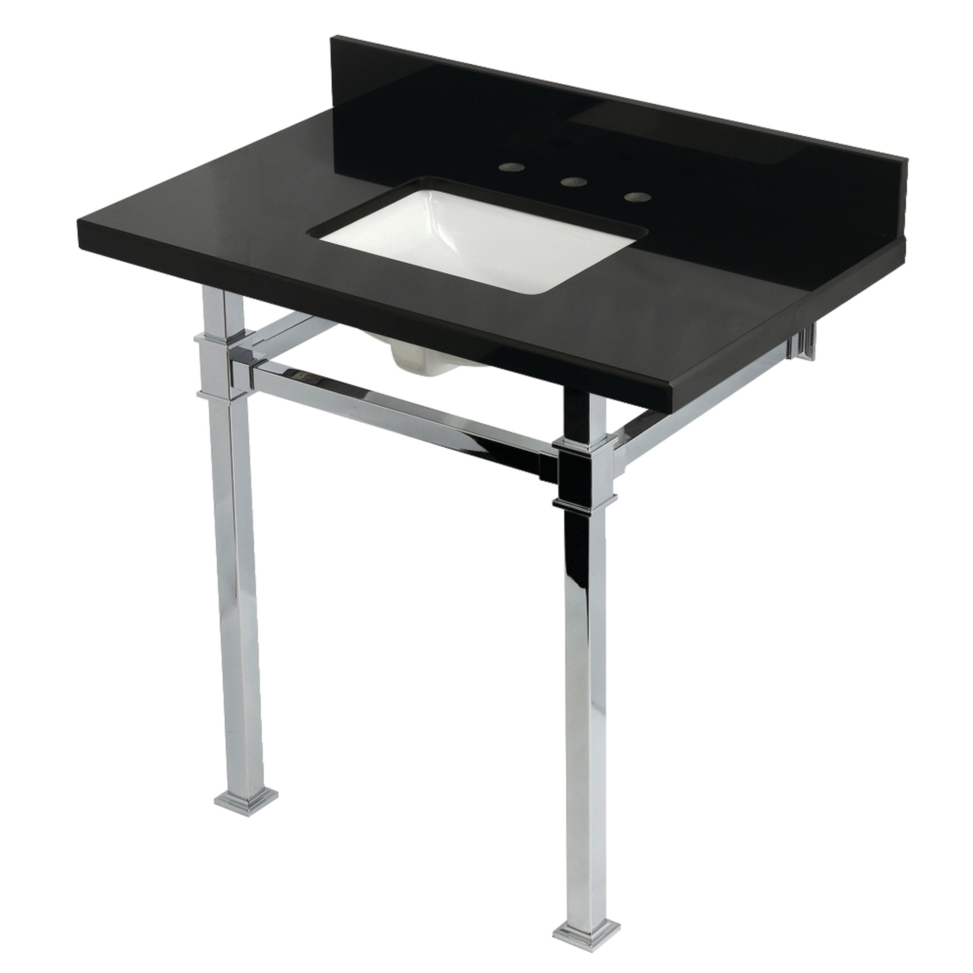 Kingston Brass KVPK36KSQ1 Monarch 36" Black Granite Console Sink with Stainless Steel Legs (8-Inch, 3-Hole), Black Granite/Polished Chrome