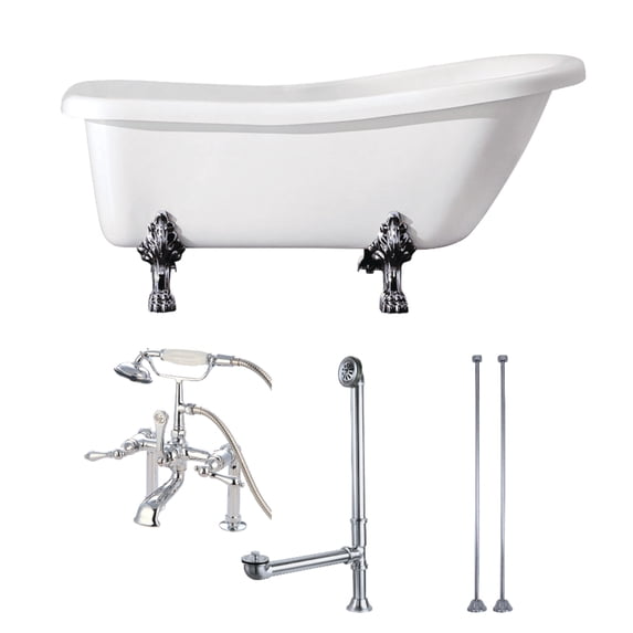 Aqua Eden KVTDE692823C1 67" Acrylic Oval Single Slipper Clawfoot Tub with Faucet, Drain and Supply Lines Combo, Glossy White/Polished Chrome