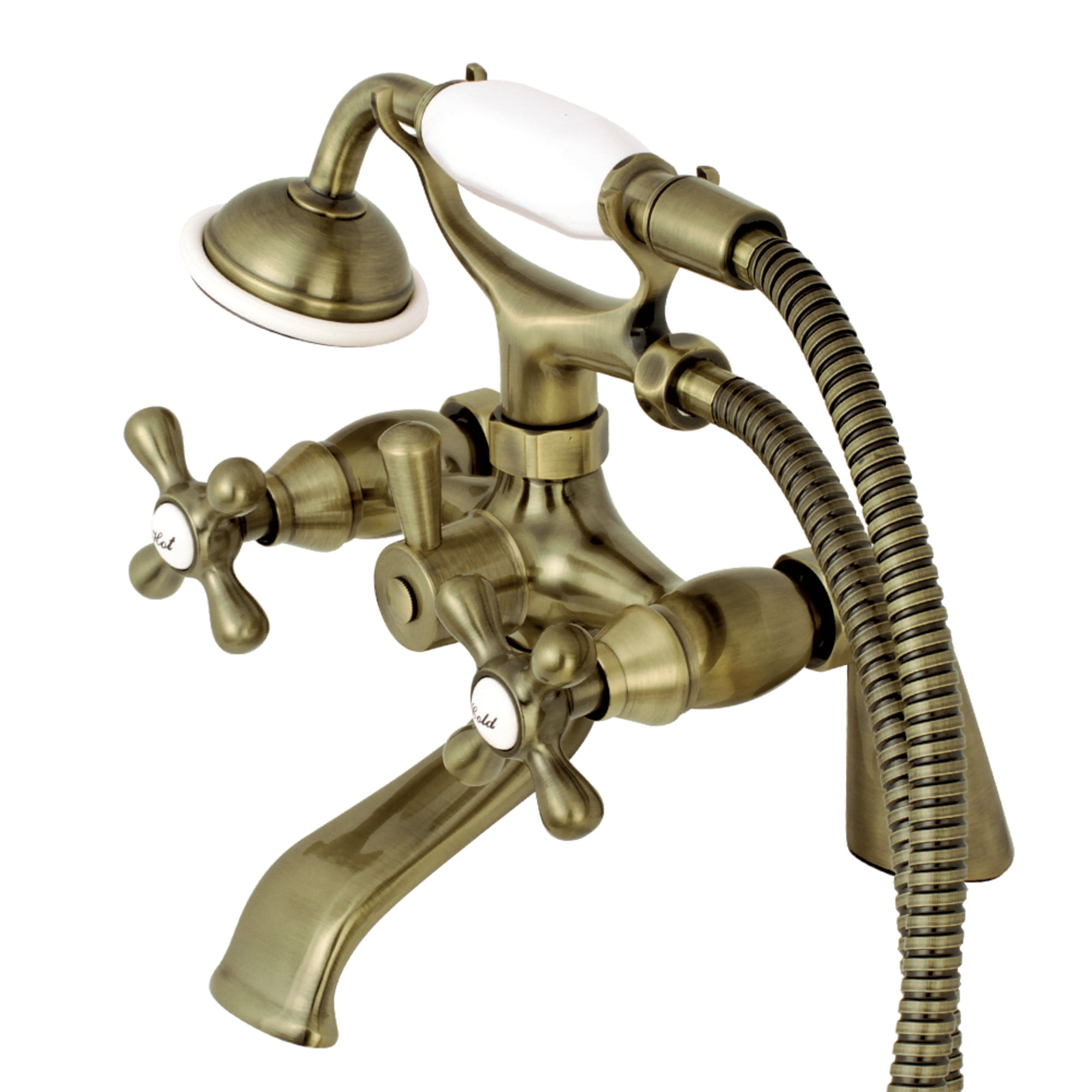 Kingston Brass KS267AB Kingston 6" Center Deck-Mount Clawfoot Tub Faucet with Hand Shower, Antique Brass
