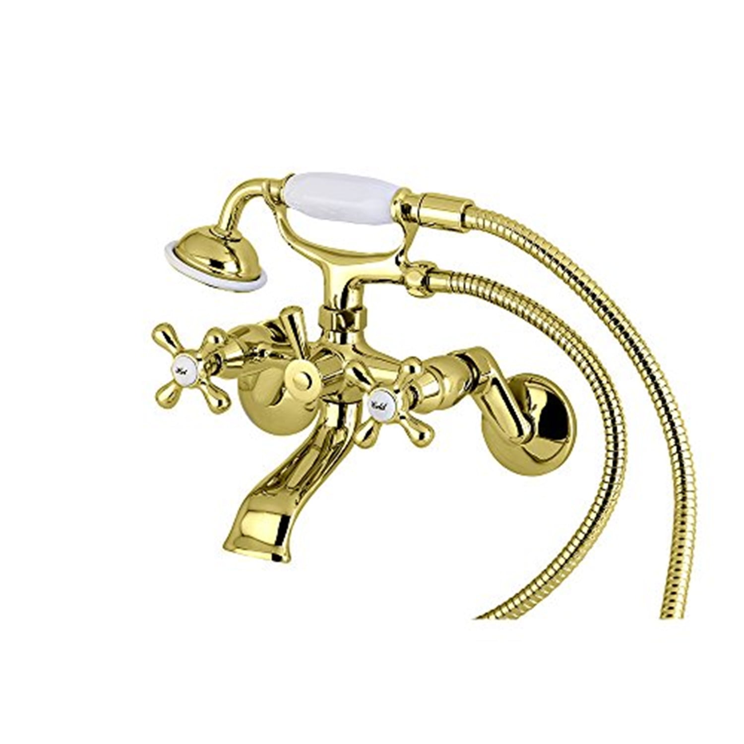Victorian Polished Brass Wall Mount Clawfoot Tub Faucet with Cross Handles and Hand Shower
