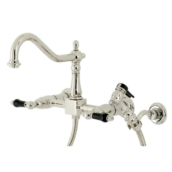 Kingston Brass KS1246PKLBS Duchess Double-Handle Wall-Mount Bridge Kitchen Faucet with Brass Sprayer, Polished Nickel