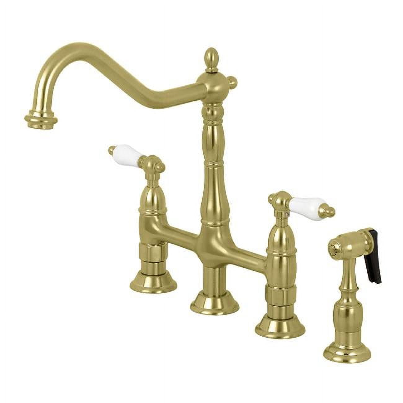 Heritage Brushed Brass Double Handle Bridge Kitchen Faucet with Side Sprayer