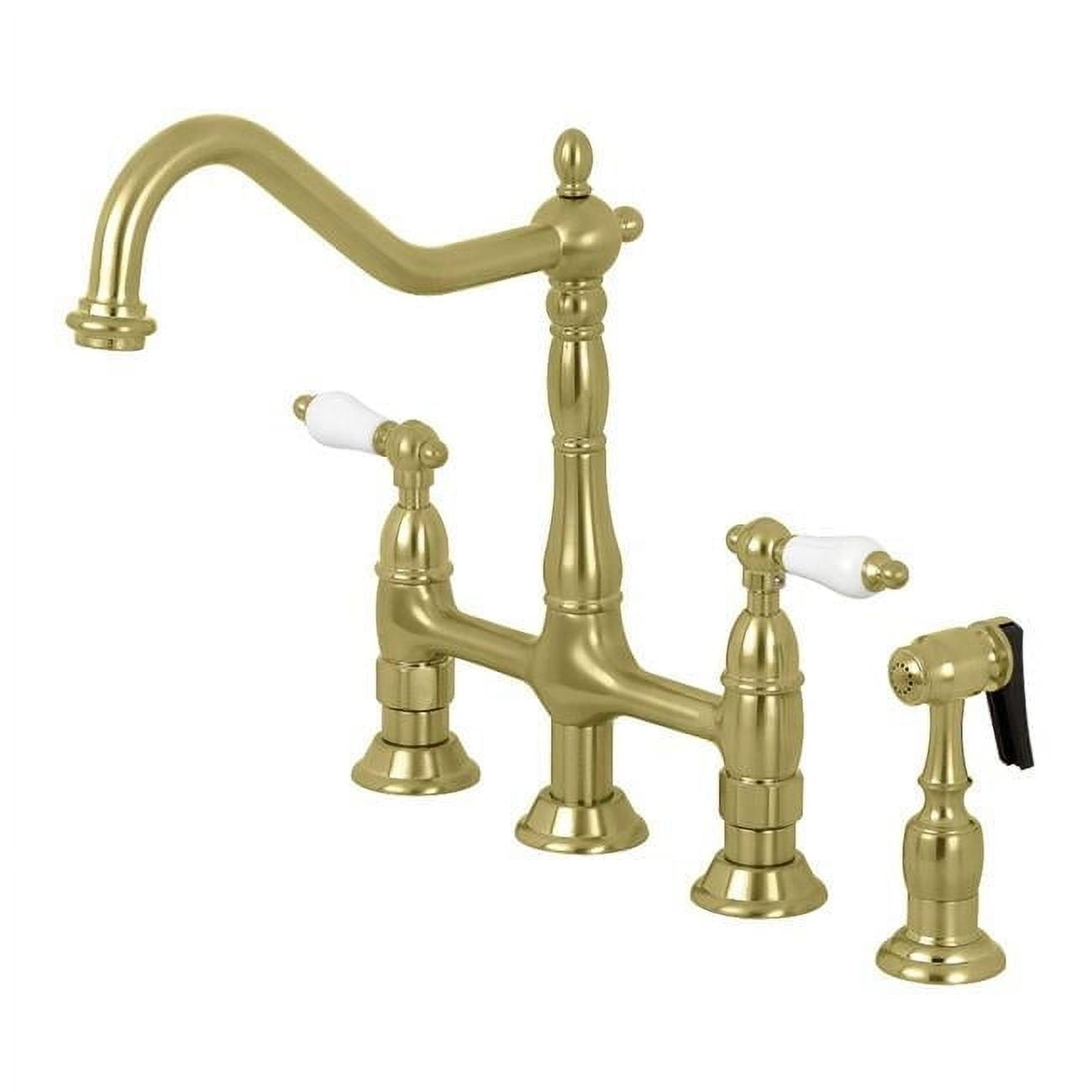 Heritage Brushed Brass Double Handle Bridge Kitchen Faucet with Side Sprayer