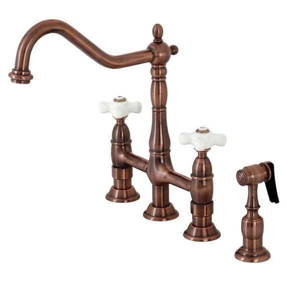 Kingston Brass KS127PXBSAC Heritage Bridge Kitchen Faucet with Brass Side Sprayer, Antique Copper
