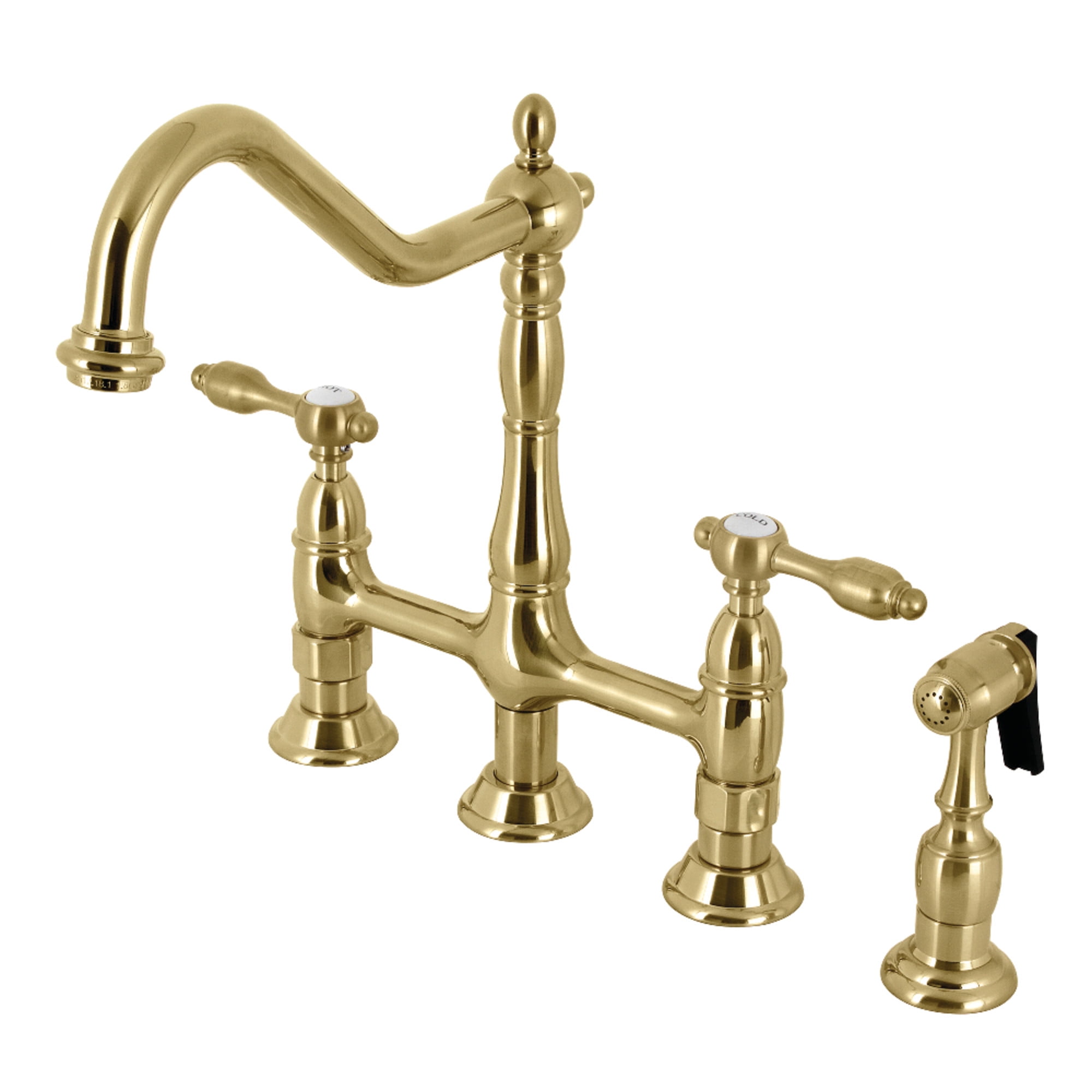 Kingston Brass KS1277TALBS Tudor Two-Handle 4-Hole Deck Mount Bridge Kitchen Faucet with Brass Side Sprayer in Brushed Brass
