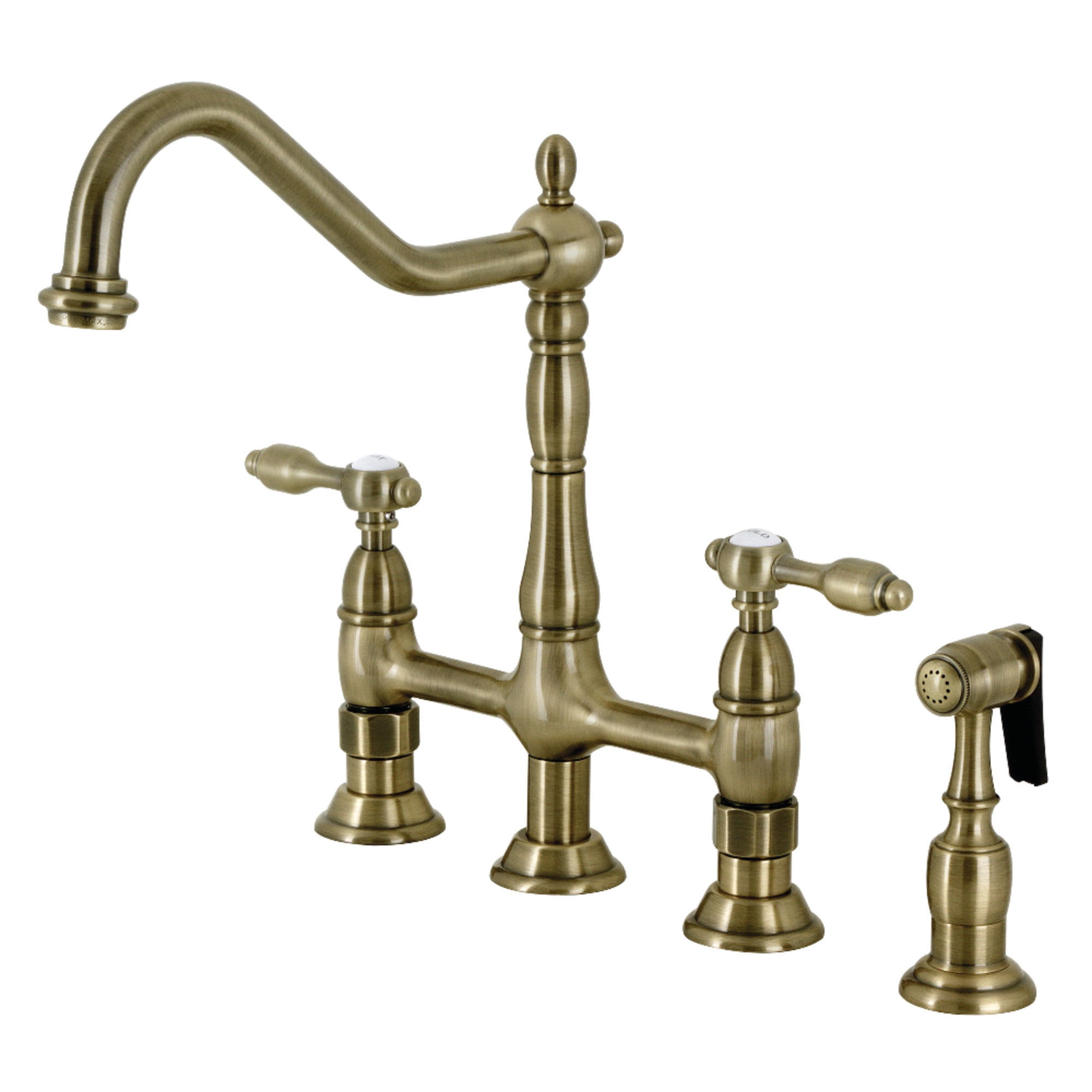 Kingston Brass KS1273TALBS Tudor Bridge Kitchen Faucet with Brass Side Sprayer, Antique Brass