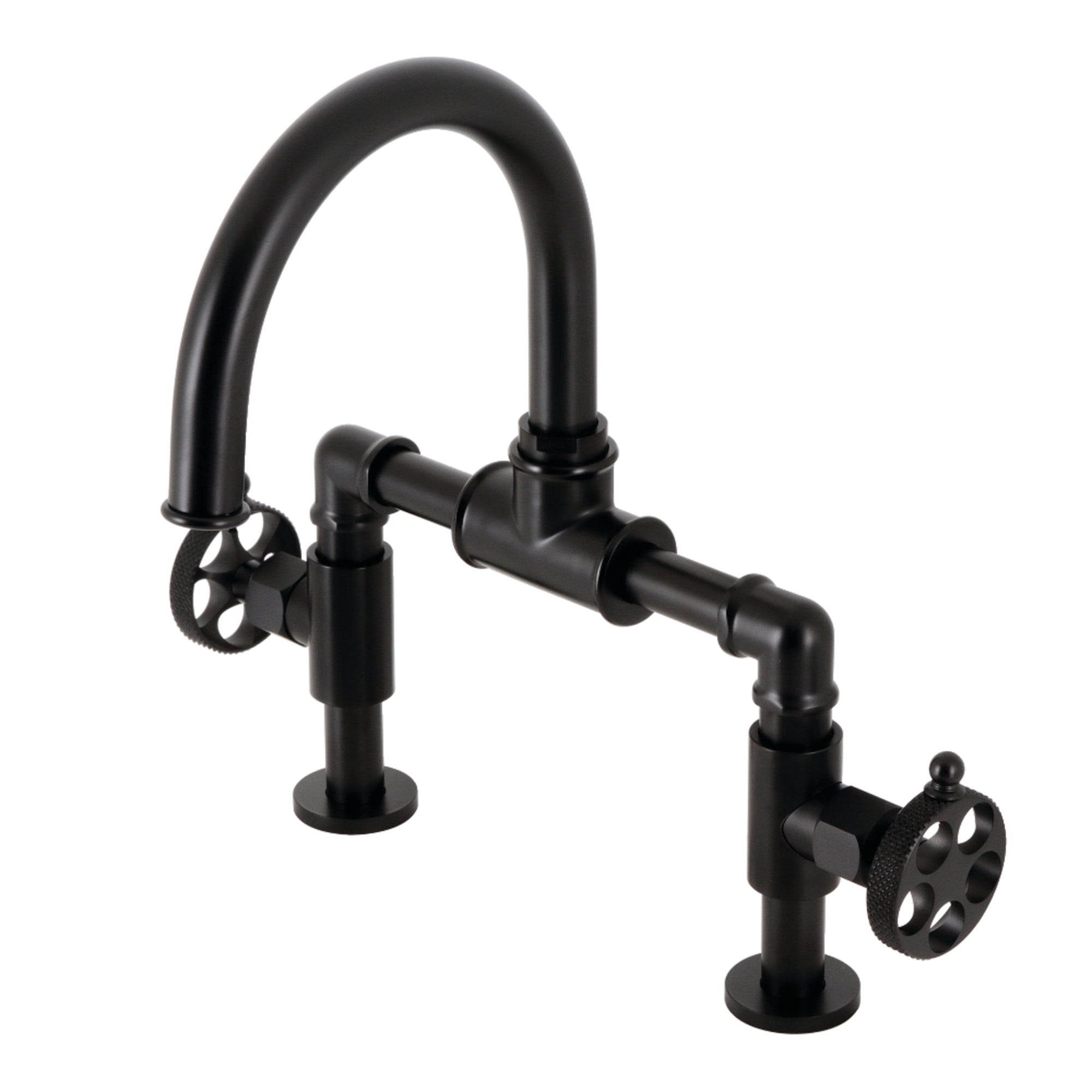 Kingston Brass KS2170RKX Webb Bridge, Matte Black Bathroom Faucet with Knurled Handle and Push Pop-up Drain