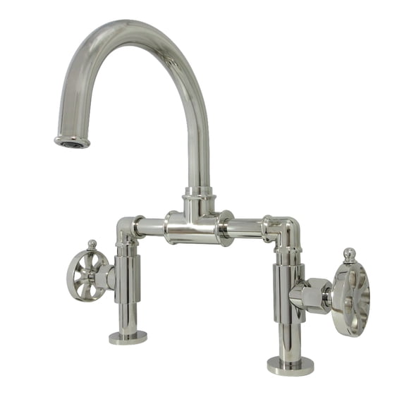 Kingston Brass KS2176RX Belknap Industrial Style Wheel Handle Bridge Bathroom Faucet with Pop-Up Drain, Polished Nickel