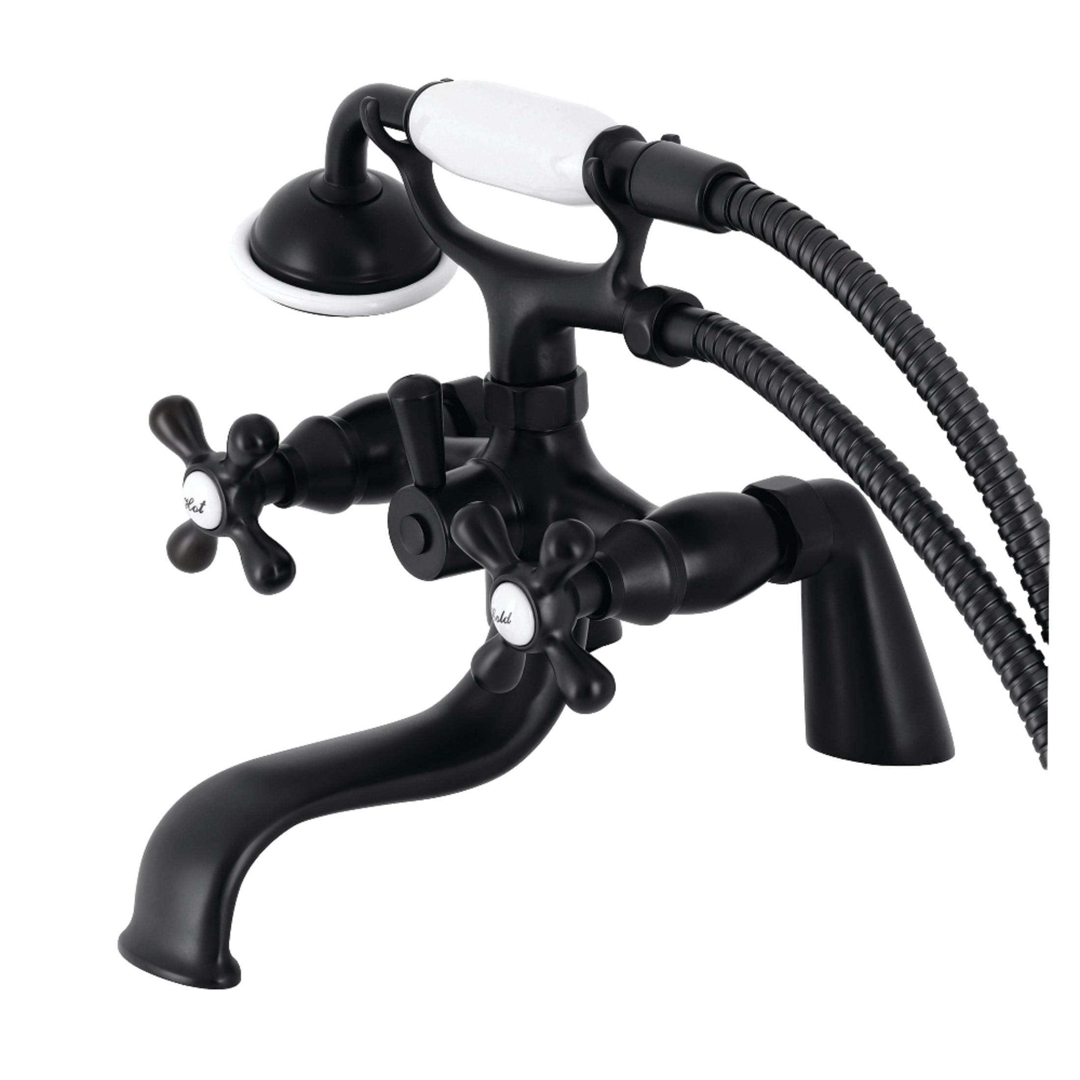 Kingston Brass KS227MB Kingston Three-Handle 2-Hole Deck-Mount Clawfoot Tub Faucet with Hand Shower in Matte Black