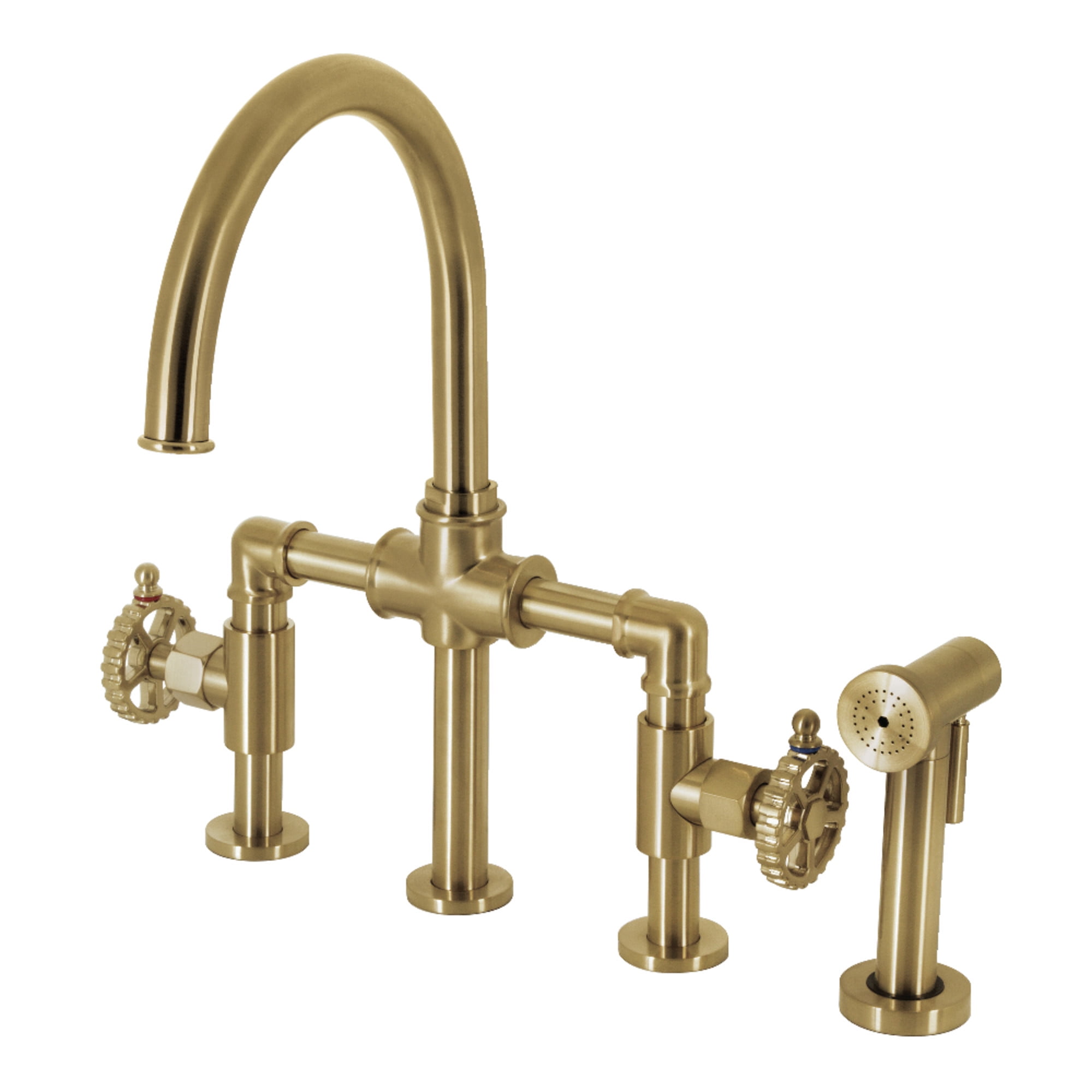 Kingston Brass KS2337CG Fuller Two-Handle 4-Hole Deck Mount Industrial Style Bridge Kitchen Faucet with Brass Side Sprayer in Brushed Brass
