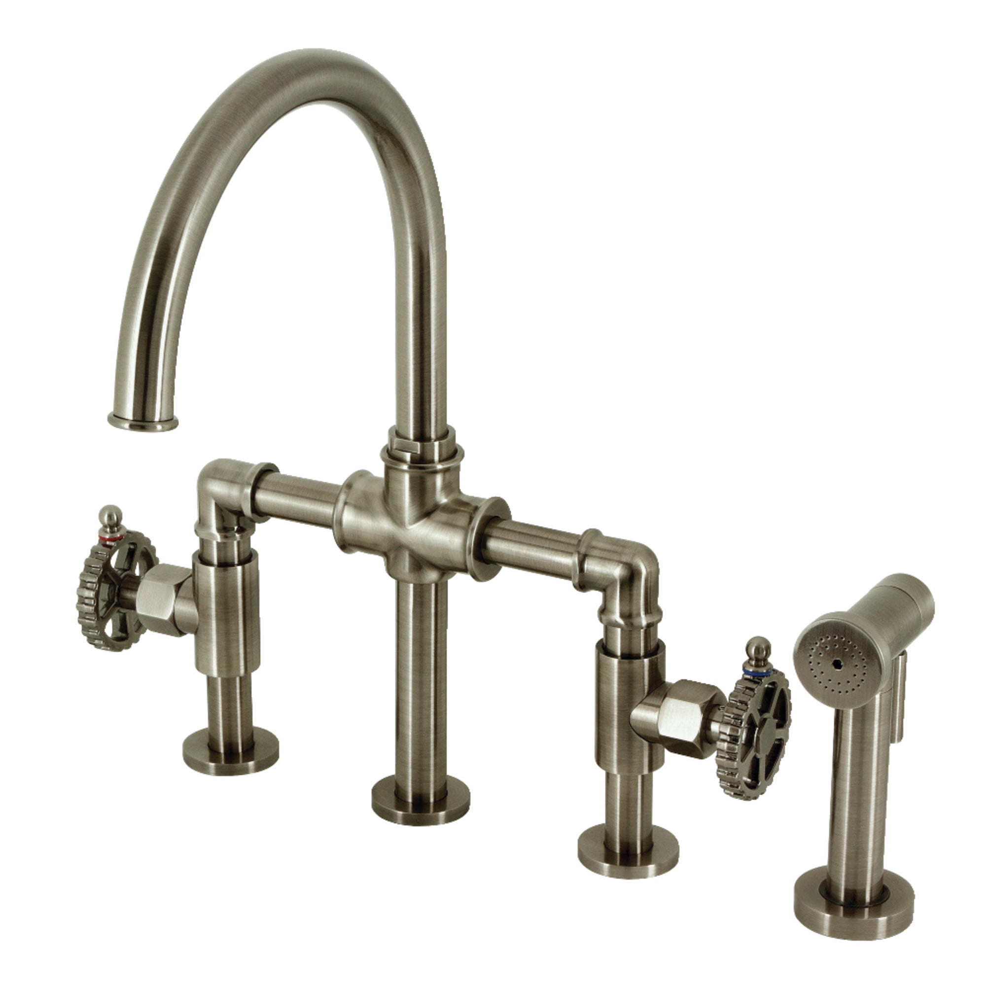 Kingston Brass KS2334CG Fuller Two-Handle 4-Hole Deck Mount Industrial Style Bridge Kitchen Faucet with Brass Side Sprayer in Black Stainless