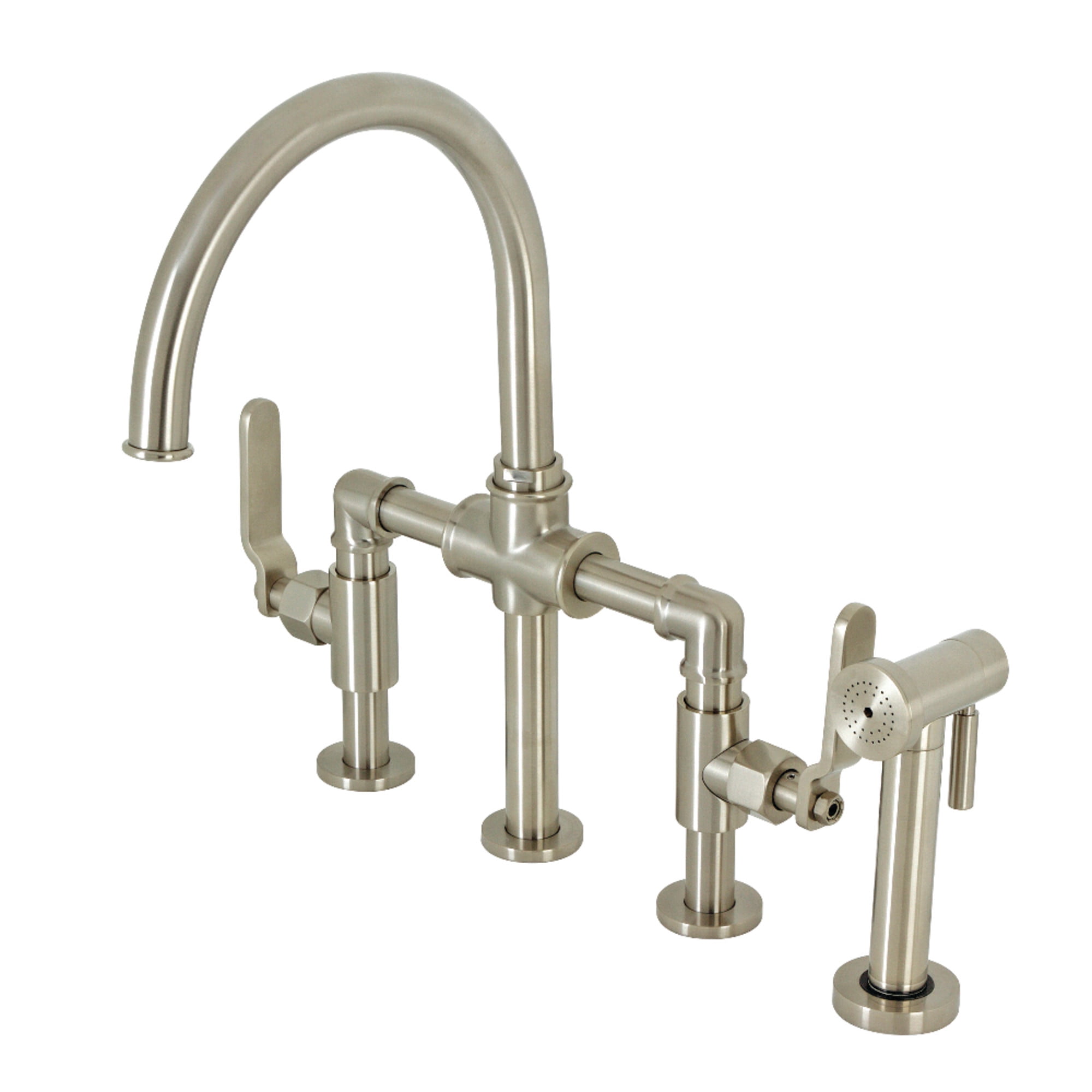 Kingston Brass KS2338KL Whitaker Two-Handle 4-Hole Deck Mount Industrial Style Bridge Kitchen Faucet with Brass Side Sprayer in Brushed Nickel