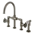 thumbnail image 1 of Kingston Brass KS2334RKX Webb Two-Handle 4-Hole Deck Mount Bridge Kitchen Faucet with Knurled Handle and Brass Side Sprayer in Black Stainless, 1 of 7