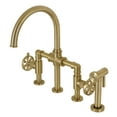 thumbnail image 1 of Kingston Brass KS2337RX Belknap Two-Handle 4-Hole Deck Mount Industrial Style Bridge Kitchen Faucet with Brass Side Sprayer in Brushed Brass, 1 of 7