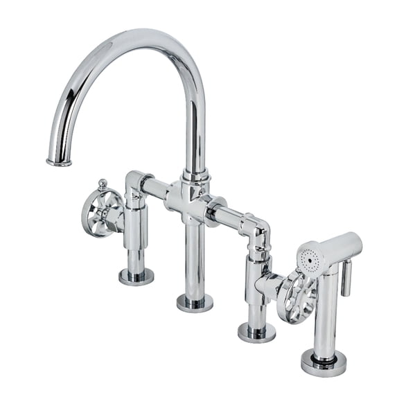 Kingston Brass KS2331RX Belknap Two-Handle 4-Hole Deck Mount Industrial Style Bridge Kitchen Faucet with Brass Side Sprayer in Polished Chrome