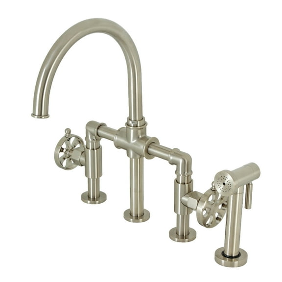 Kingston Brass KS2338RX Belknap Two-Handle 4-Hole Deck Mount Industrial Style Bridge Kitchen Faucet with Brass Side Sprayer in Brushed Nickel