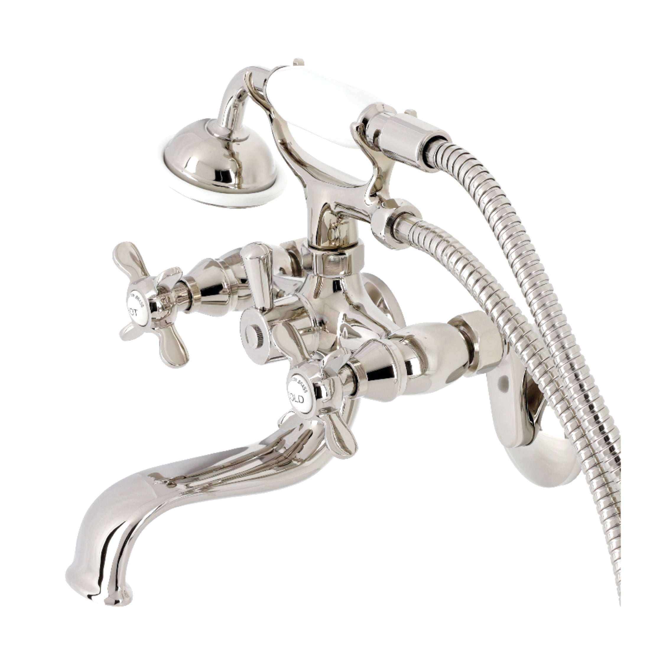 Kingston Brass KS246PN Essex Three-Handle 2-Hole Wall Mount Clawfoot Tub Faucet with Handshower in Polished Nickel