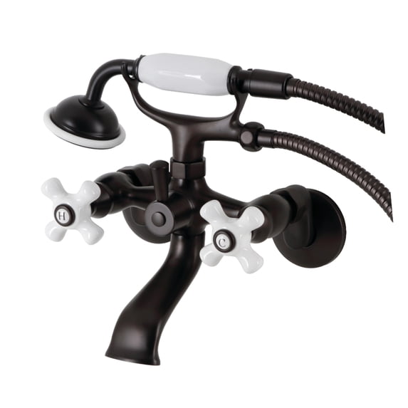 Kingston Brass KS265PXORB Kingston Three-Handle 2-Hole Tub Wall Mount Clawfoot Tub Faucet with Hand Shower in Oil Rubbed Bronze