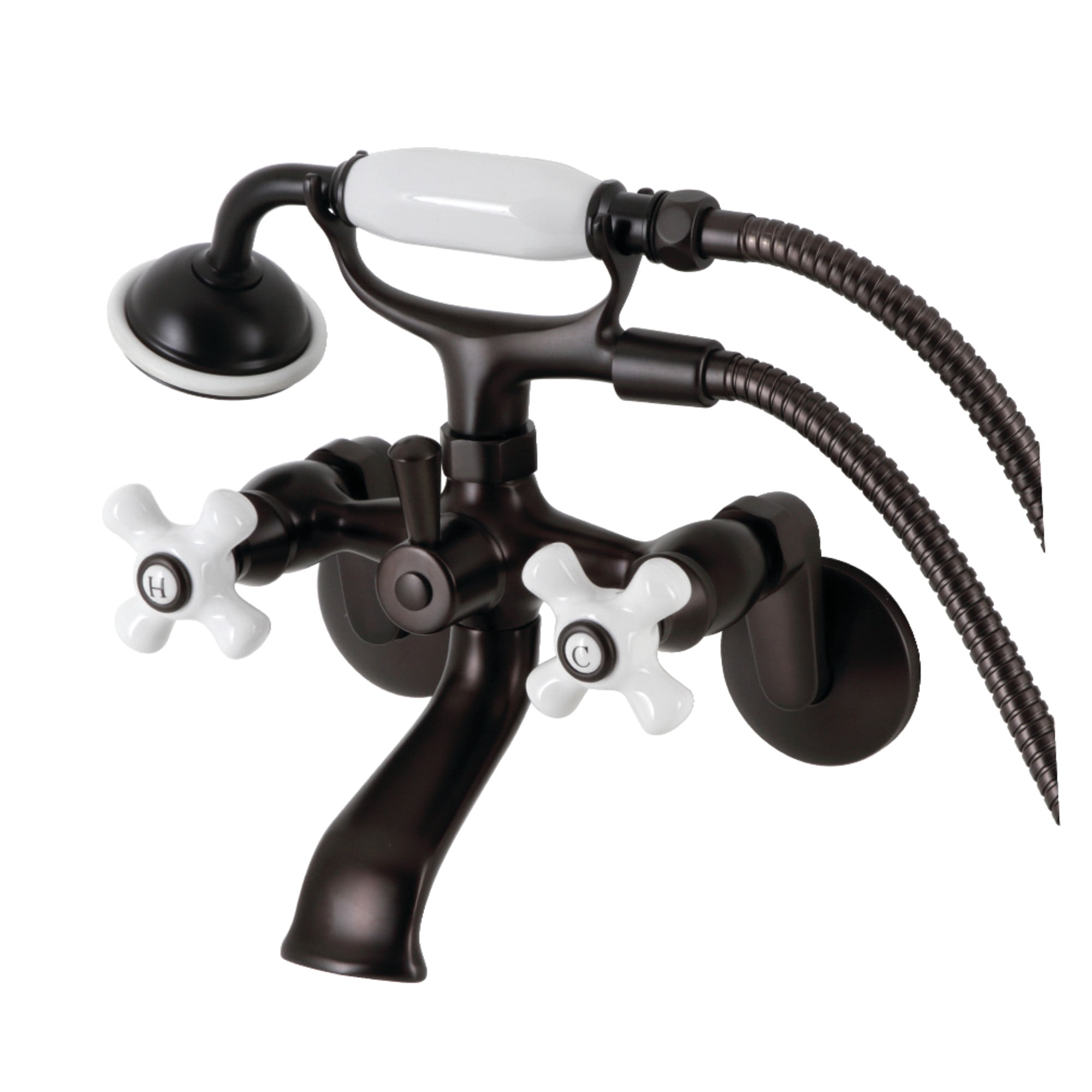 Kingston Brass KS266PXORB Kingston Three-Handle 2-Hole Wall Mount Clawfoot Tub Faucet with Hand Shower in Oil Rubbed Bronze