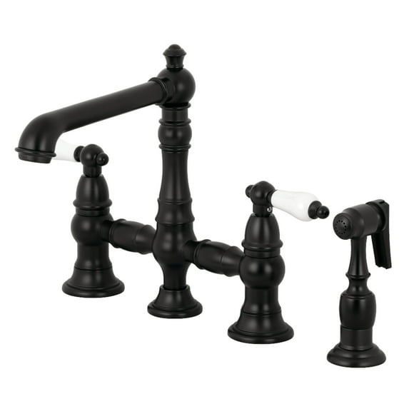 Kingston Brass KS7270PLBS English Country Bridge Kitchen Faucet with Brass Side Sprayer, Matte Black