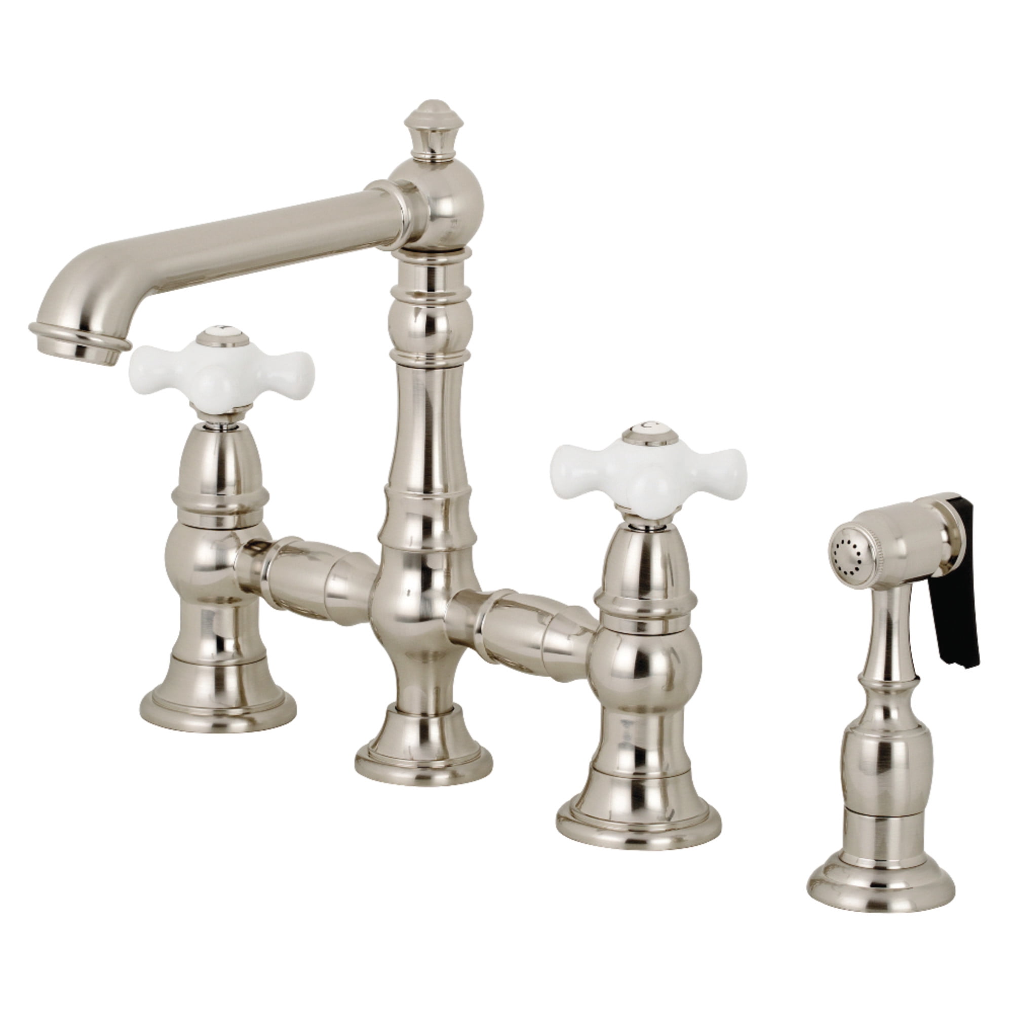 Kingston Brass KS7278PXBS English Country Bridge Kitchen Faucet with Brass Side Sprayer, Brushed Nickel