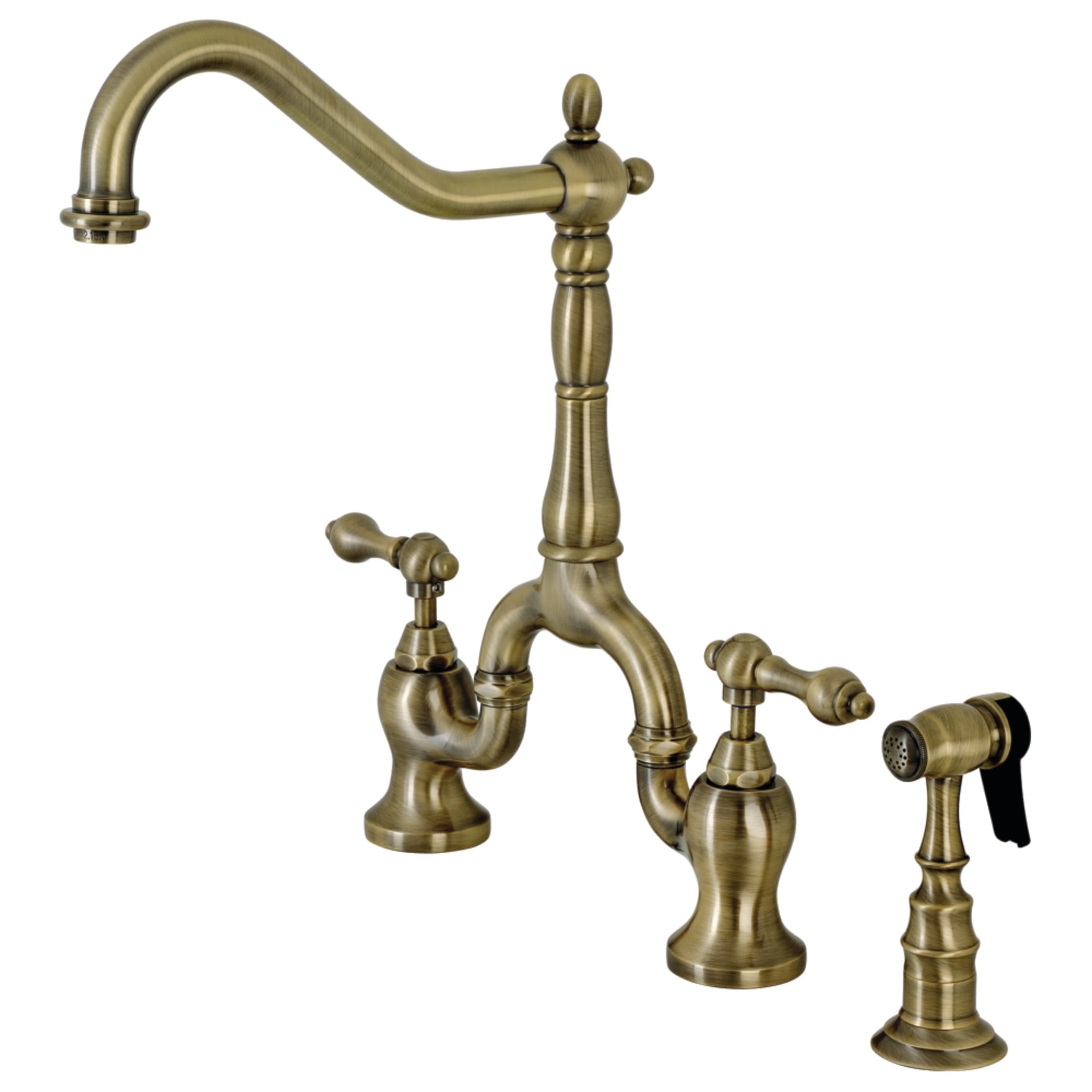 Kingston Brass KS7753ALBS English Country Two-Handle 3-Hole Deck Mount Bridge Kitchen Faucet with Brass Side Sprayer in Antique Brass