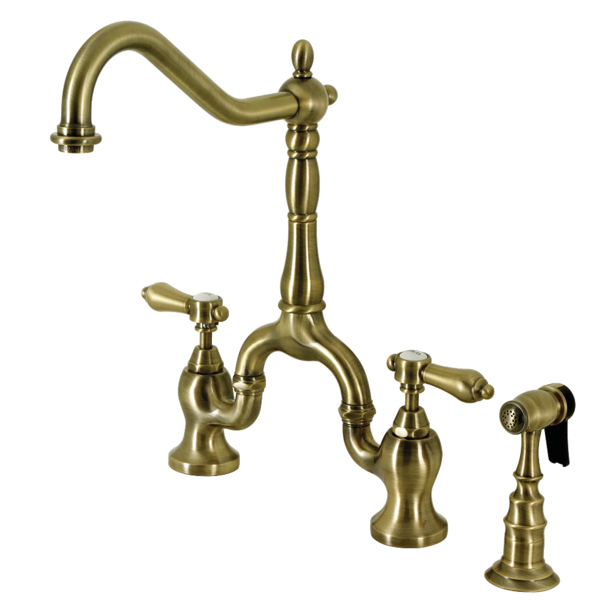 Kingston Brass KS7753BALBS Heirloom Two-Handle 3-Hole Deck Mount Bridge Kitchen Faucet with Brass Side Sprayer in Antique Brass