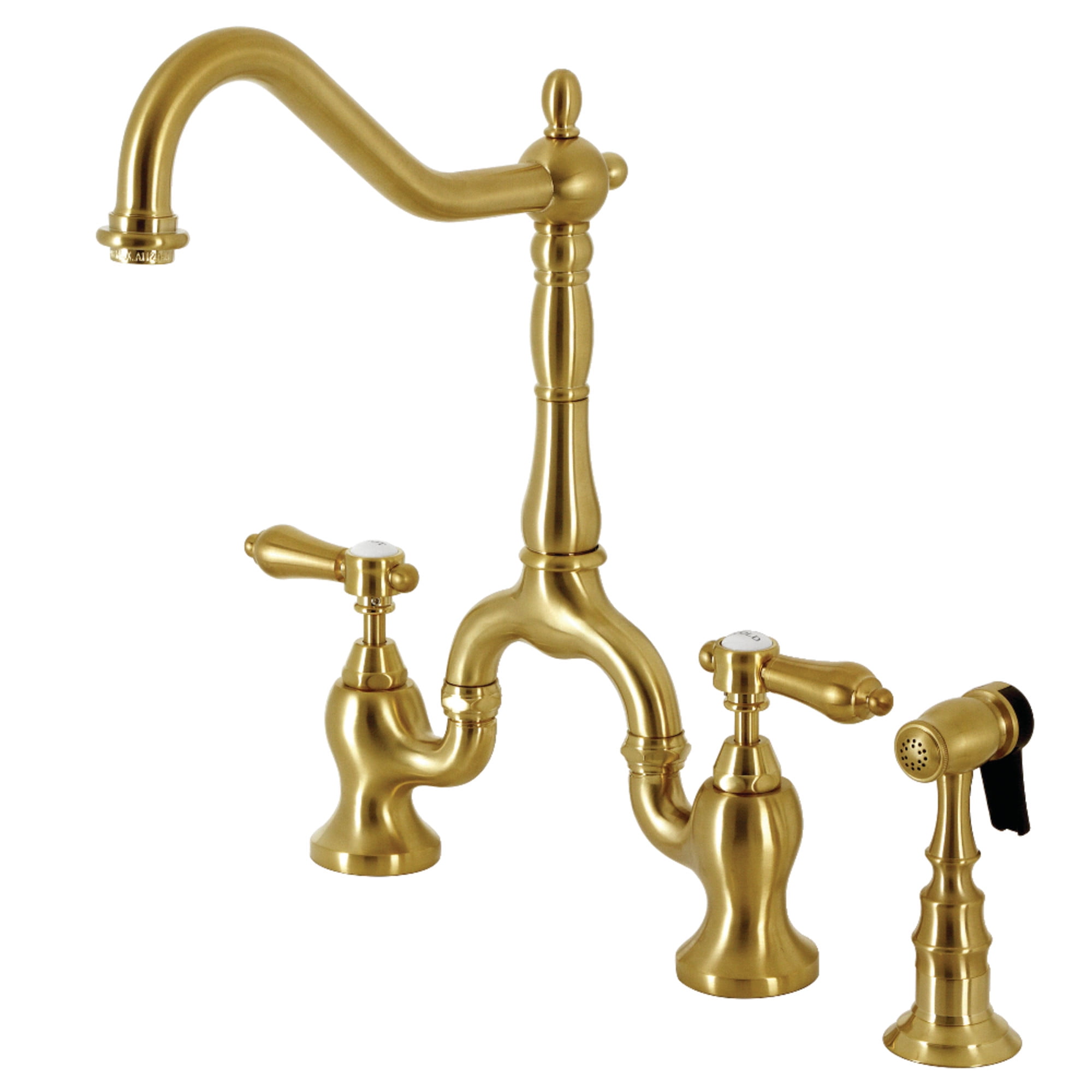 Kingston Brass KS7757BALBS Heirloom Two-Handle 3-Hole Deck Mount Bridge Kitchen Faucet with Brass Side Sprayer in Brushed Brass