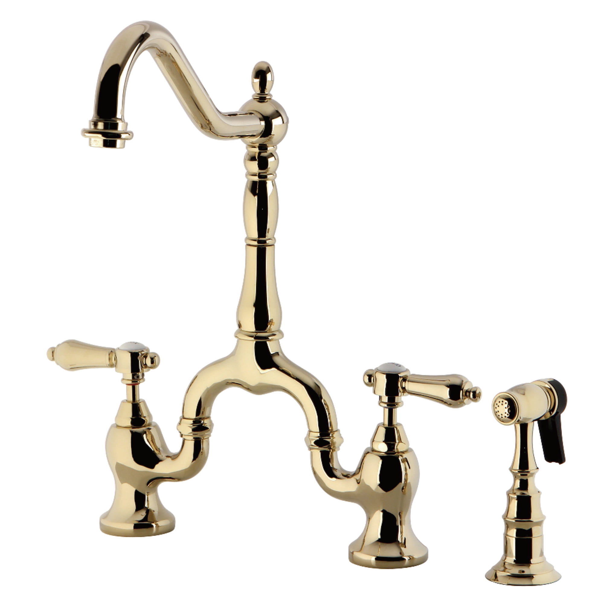 Kingston Brass KS7752BALBS Heirloom Two-Handle 3-Hole Deck Mount Bridge Kitchen Faucet with Brass Side Sprayer in Polished Brass