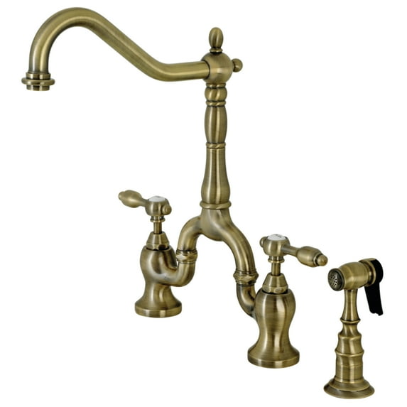 Kingston Brass KS7753TALBS Tudor Two-Handle 3-Hole Deck Mount Bridge Kitchen Faucet with Brass Side Sprayer in Antique Brass