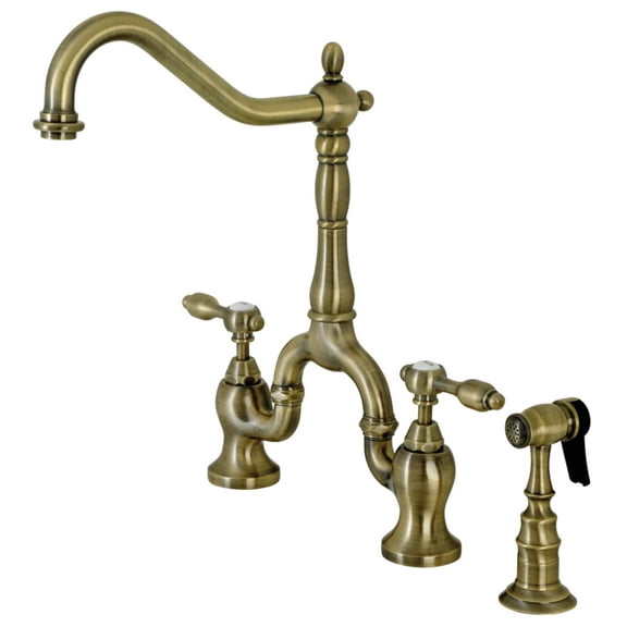 Kingston Brass KS7753TALBS Tudor Two-Handle 3-Hole Deck Mount Bridge Kitchen Faucet with Brass Side Sprayer in Antique Brass