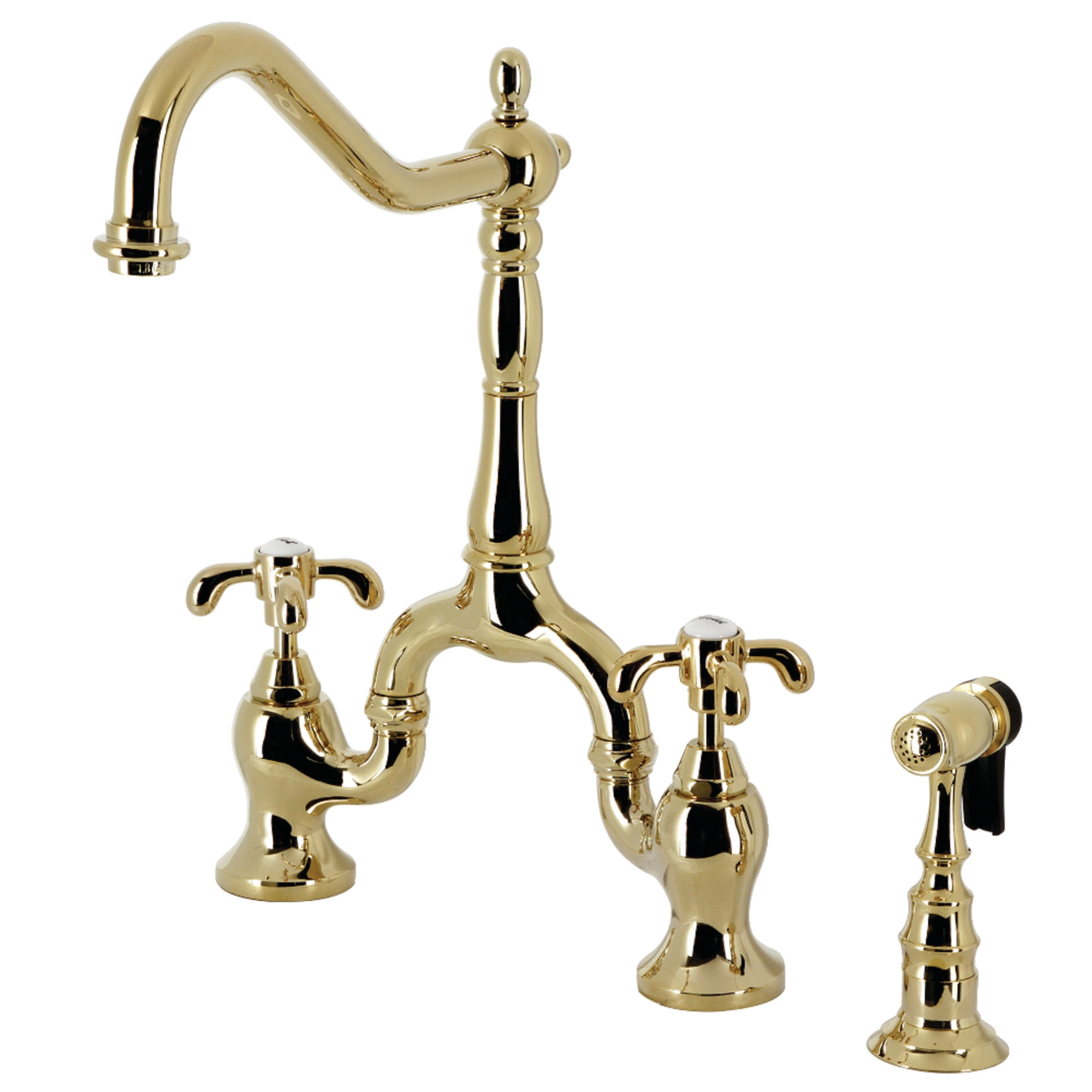 Kingston Brass KS7752TXBS French Country Two-Handle 3-Hole Deck Mount Bridge Kitchen Faucet with Brass Side Sprayer in Polished Brass