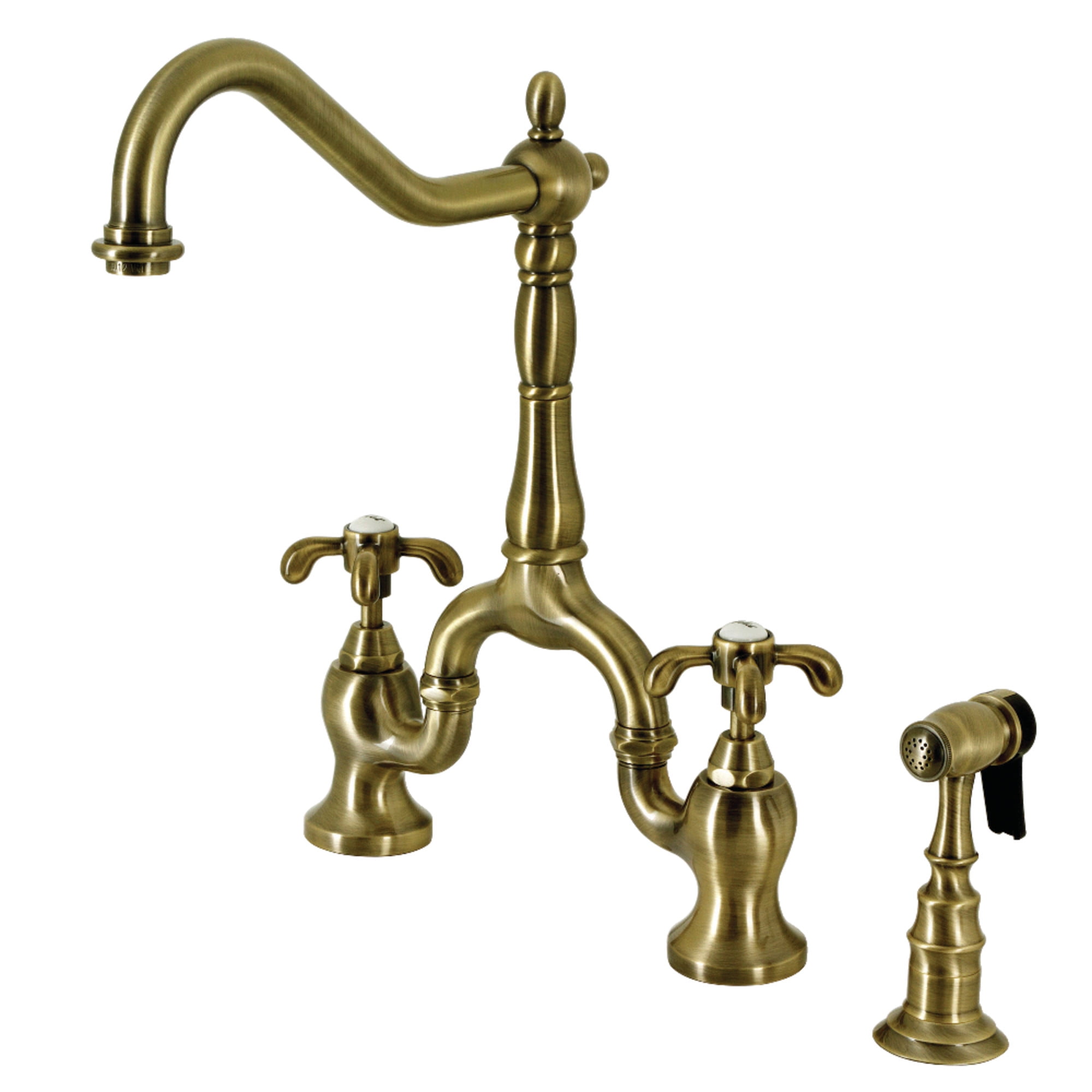 Kingston Brass KS7753TXBS French Country Two-Handle 3-Hole Deck Mount Bridge Kitchen Faucet with Brass Side Sprayer in Antique Brass